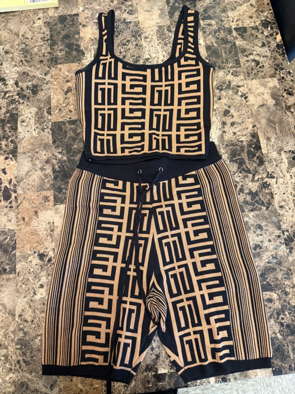 Beige & Black Geometric Knit shirt and pants